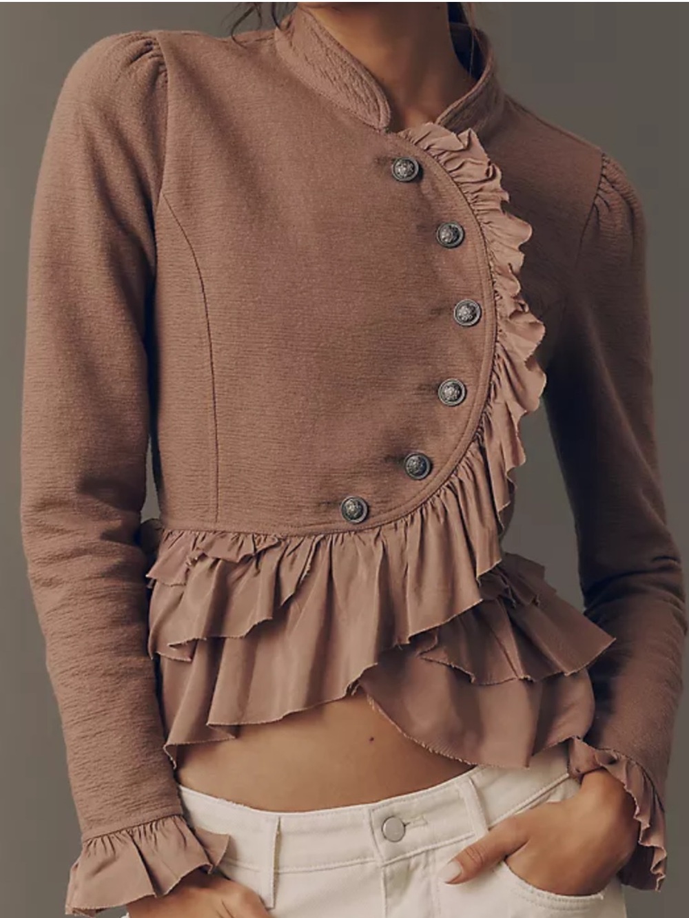 Anthropologie Dusty Rose Ruffled Cropped Jacket